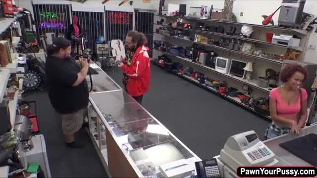 Busty brunette fucked in pawnshop